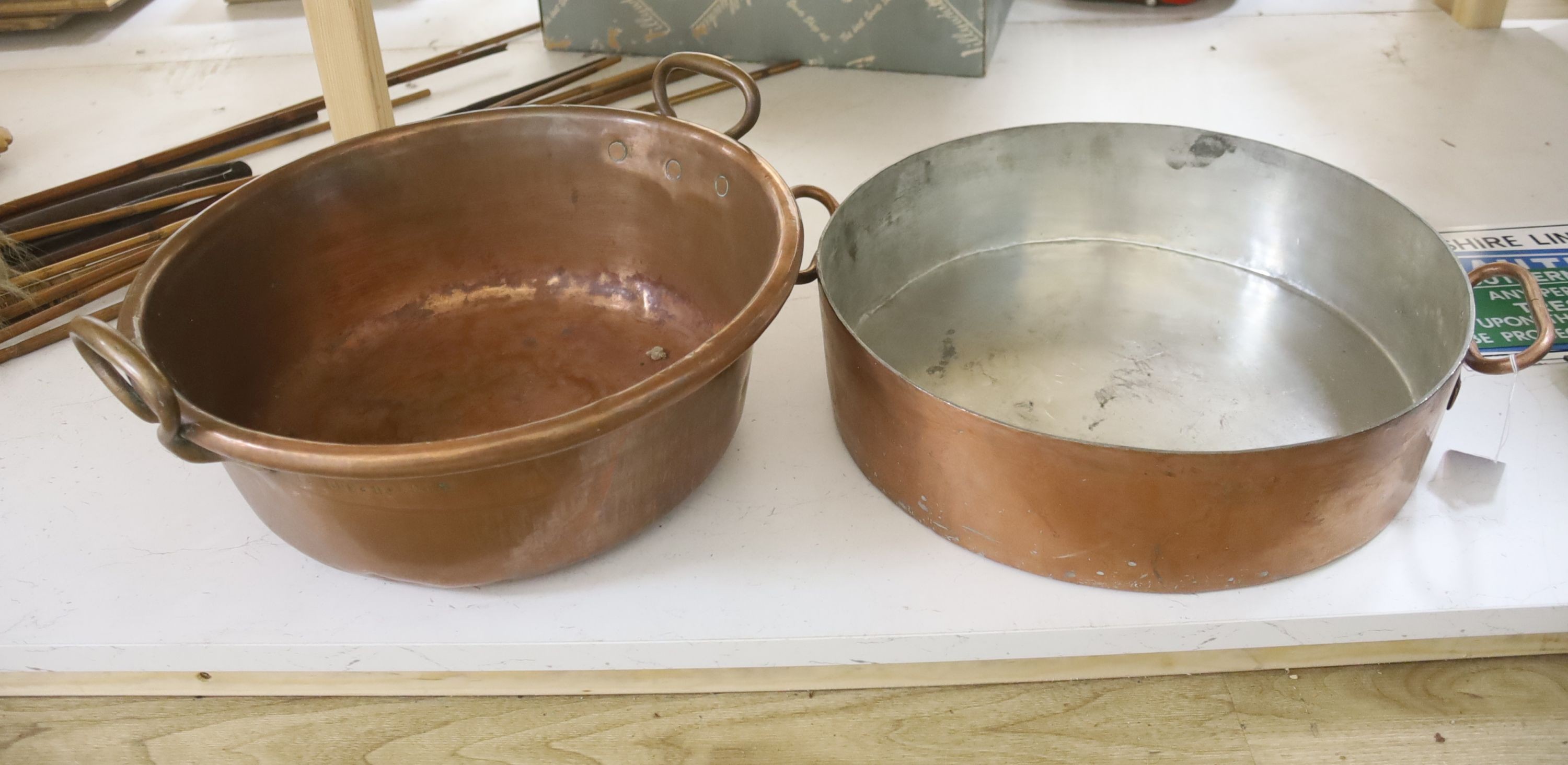 Two large copper two handled preserving pans, 41cm